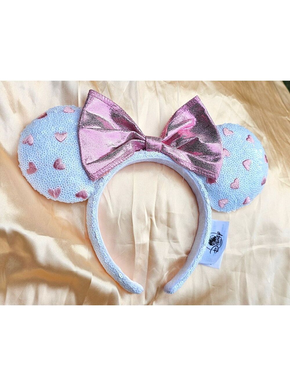 Pink Hearts White Sequin Minnie Mickey Mouse Ear Bow Headband